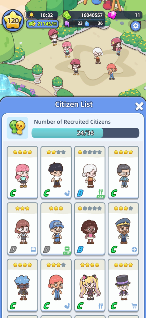 Interface showing the Citizen List with various character cards and star ratings in Happy Citizens Mayor Sim