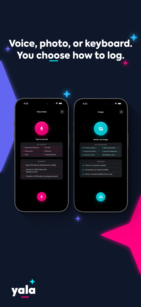 Oberfläche der Yala-App, die Sprachbefehle und das Scannen von Belegen per Foto zur Ausgabenverfolgung anzeigt