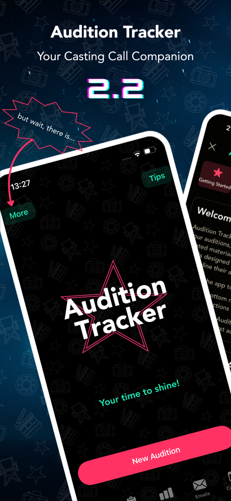 Audition Tracker - Home screen of the Audition Tracker app featuring a New Audition button and career tracking tools for actors.