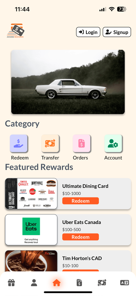 Axcess Rewards - Startbildschirm der Axcess Rewards App mit Geschenkkarten-Prämien und Automotive-Branding.