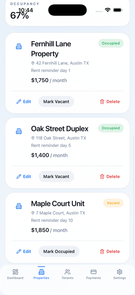 RentWise Manager property list showing rental units with occupancy status and monthly rent amounts