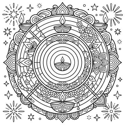 Discover a unique blend of science and celebration with this Diwali-themed coloring page, featuring the intricate design of a Fresnel lens. Dive into symmetrical patterns, luminous diyas, and festive fireworks, perfect for mindful coloring.