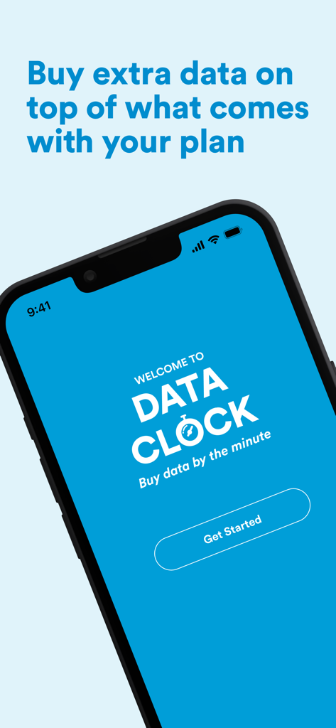 Data Clock - Pantalla de bienvenida de la aplicación móvil Data Clock con un botón para empezar y comprar datos por minuto.