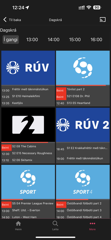 NovaTV sjónvarp - NovaTV app displaying Icelandic TV channels and program schedule.