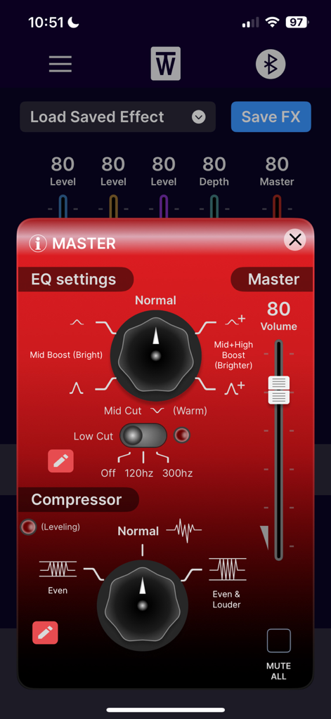 ToneWoodAmp remote - Pantalla de control maestro de la aplicación ToneWoodAmp remote mostrando ajustes de ecualizador y compresor para una guitarra acústica.