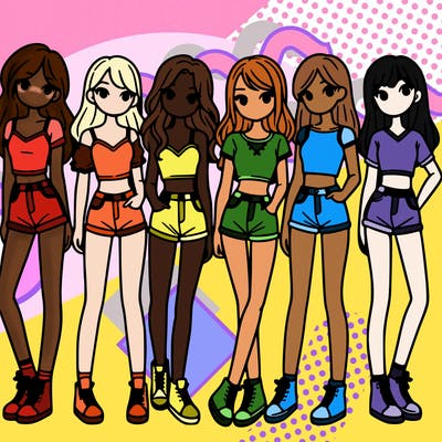 a group of girls wearing crop tops and shorts