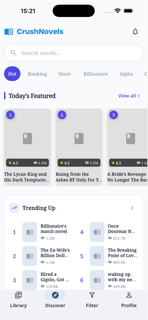 CrushNovels - CrushNovels app discovery screen showing featured and trending romance stories