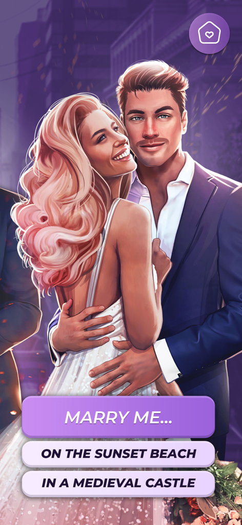 Love Story® My Romance Fantasy - Una pareja romántica abrazándose en Love Story My Romance Fantasy con opciones para elegir un lugar para la boda.