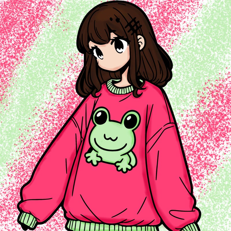 girl wearing frogging sweatshirt