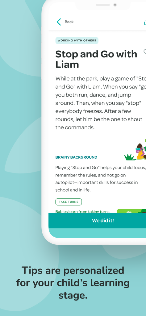 Vroom: Early Learning - A screenshot of the Vroom app showing a personalized learning activity called Stop and Go with a science-backed brainy background explanation.