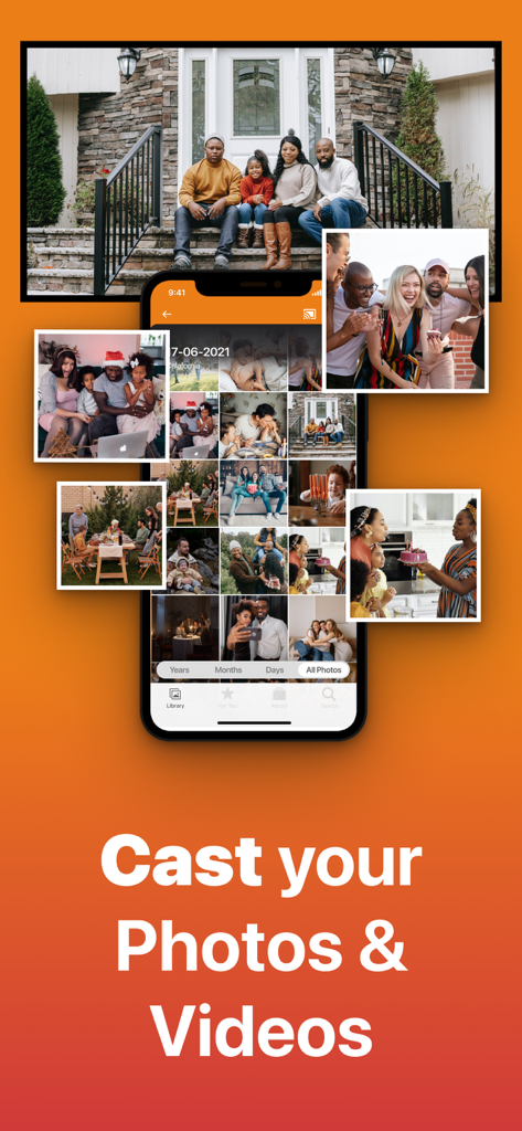 iPhone-App-Oberfläche, die eine Fotobibliothek anzeigt und ein Familienfoto auf einen großen Fernsehbildschirm streamt