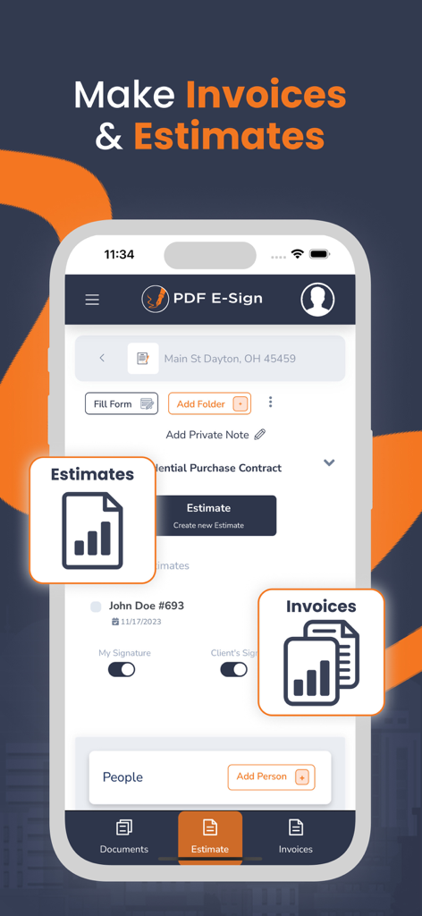 PDFEsign.com PDF E-Sign - Interfaz de la aplicación móvil de PDF E-Sign para crear facturas y presupuestos profesionales en un smartphone.