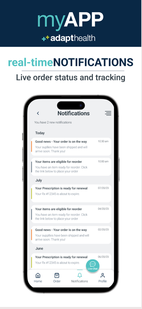 myAPP by AdaptHealth notification screen displaying live order status tracking and prescription renewal alerts