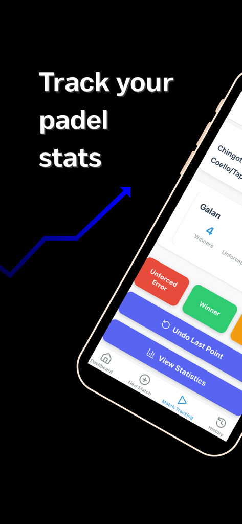 Padel Stats Proモバイルアプリのインターフェースで、試合のウィナーとエラーを追跡