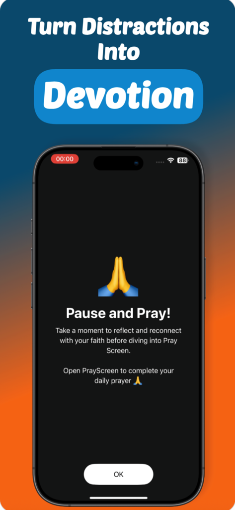 Pray Screen Time - Quran Focus - A mobile screen showing a Pause and Pray message with a praying hands emoji to encourage spiritual reflection before app usage.