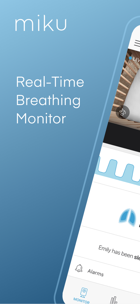 Interface do aplicativo Miku Baby Monitor mostrando o monitoramento da respiração em tempo real e a transmissão de vídeo ao vivo.