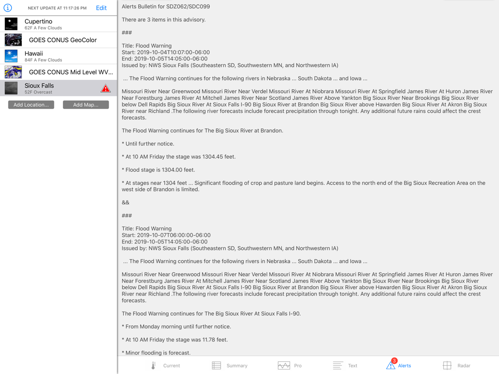 Wx for iPad - Una captura de pantalla de la aplicación Wx para iPad que muestra un boletín de alerta de inundación basado en texto del Servicio Meteorológico Nacional.