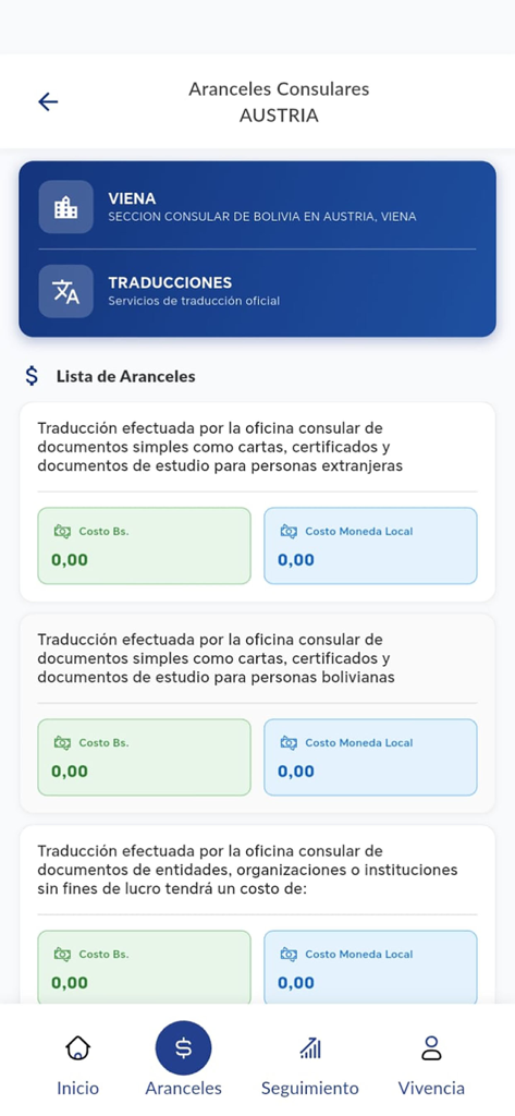 Cancilleria Bolivia - Consular fees and translation tariffs screen in the Cancilleria Bolivia app