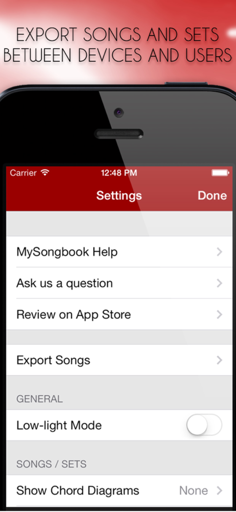MySongbook - Lyrics and chords - Menu de configurações do aplicativo MySongbook mostrando opções para exportar músicas e habilitar o modo de pouca luz