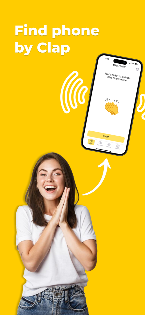 A woman smiling and clapping to find her smartphone using the Clap Detector app.