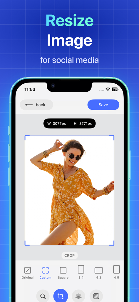 ソーシャルメディア画像のリサイズとクロップ機能を示すアプリインターフェース