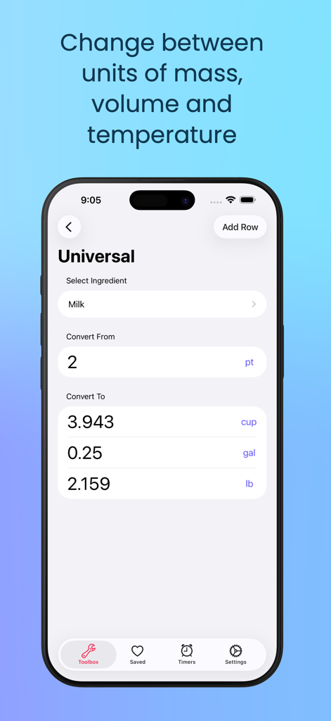 Bake-u-lator - Bake-u-latorアプリのインターフェース。牛乳などの製菓材料の汎用単位変換ツールが表示されています。