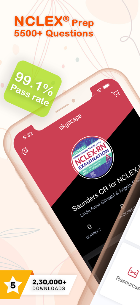 Saunders NCLEX-RN exam prep app featuring a 99.1 percent pass rate and over 5500 questions