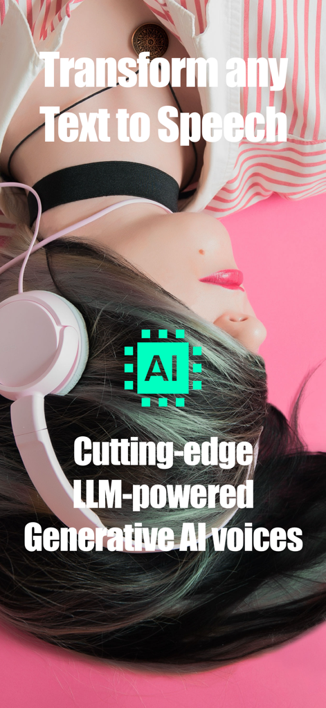 aiReader: AI Text to Speech - A woman wearing headphones listening to generative AI voices using the aiReader text to speech app.