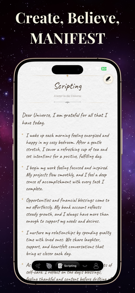 Secret Manifestation Journal - Ein Smartphone-Bildschirm, der die Scripting-Funktion des Secret Manifestation Journal-Apps mit einem handgeschriebenen Brief an das Universum über einem sternenklaren Hintergrund zeigt.