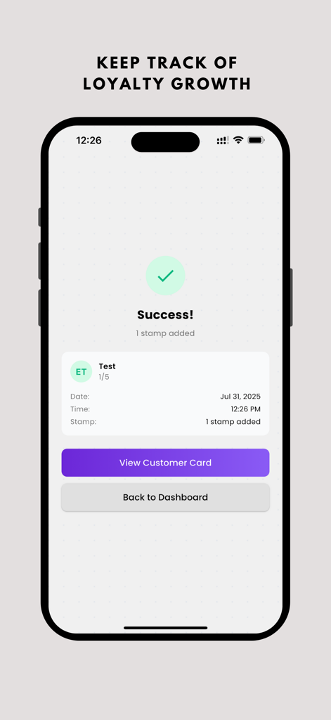 Bestätigungsbildschirm in der Beloyal-App, der eine erfolgreiche Hinzufügung eines digitalen Loyalty-Stempels für einen Händler anzeigt
