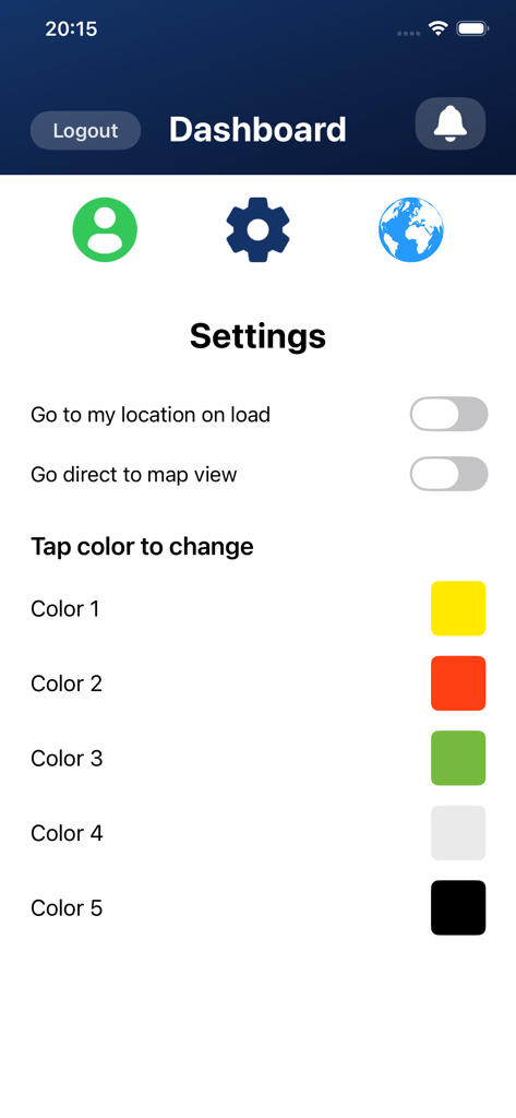 Pantalla de configuración de la aplicación Road Sketch mostrando personalización de color para herramientas de dibujo y preferencias de navegación del mapa.