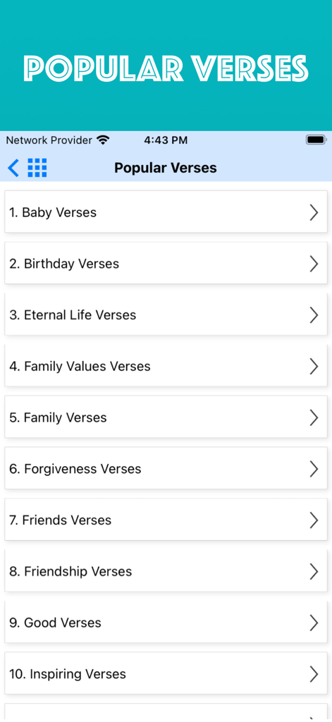 Holy Bible Offline iPhone - Una lista de categorías populares de versículos bíblicos que incluyen Familia, Perdón y Versículos Inspiradores en la aplicación Santa Biblia Sin Conexión.