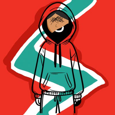 faceless girl in a tracksuit with a hood on and no hair