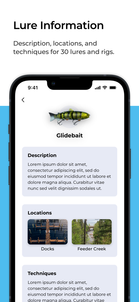 Lure Cast app screen displaying information for a Glidebait lure including description fishing locations and techniques
