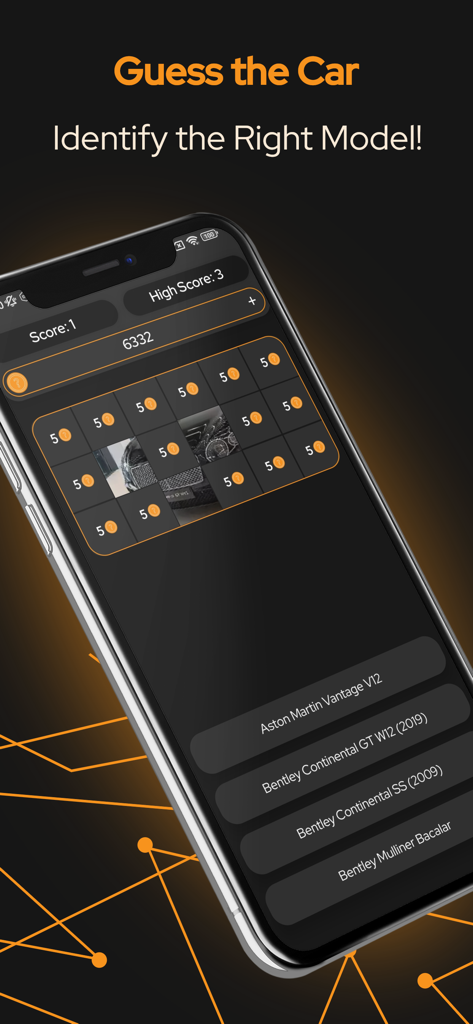 Captura de tela do aplicativo móvel Car Quiz Plus mostrando o modo Adivinhe o Carro, onde os jogadores identificam modelos de veículos a partir de imagens parcialmente reveladas