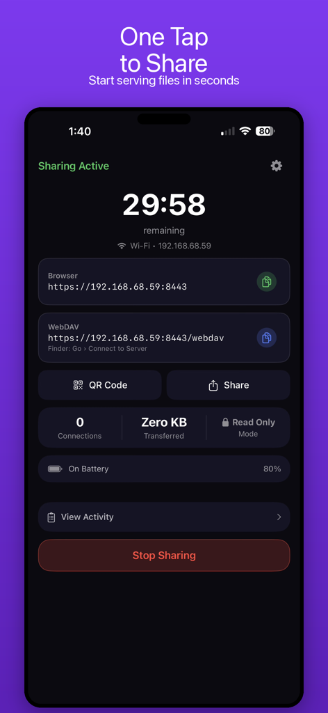 LudyServer - File Transfer - Screenshot of LudyServer app interface displaying active file sharing session with connection details and local network URLs