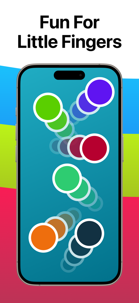 Color Dots for Baby & Infants - Uma tela de celular mostrando pontos coloridos em movimento do aplicativo Color Dots para Bebês e Crianças Pequenas com a legenda Diversão Para Dedinhos