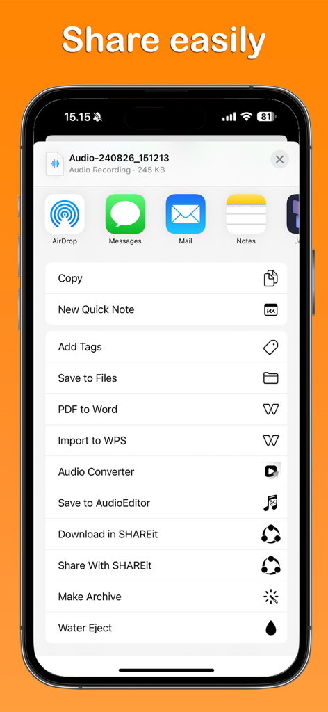 iPhone screen showing the share menu for an extracted audio file in the Audio Extractor app