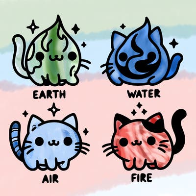 4 cats that represent the different elements, earth, water, air, and fire