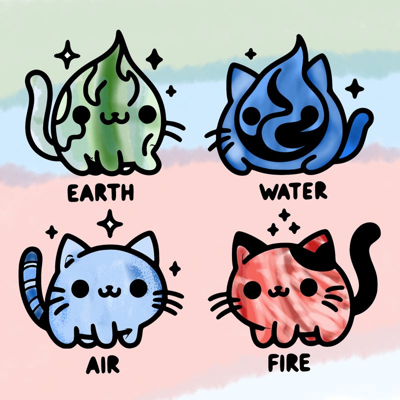 4 cats that represent the different elements, earth, water, air, and fire