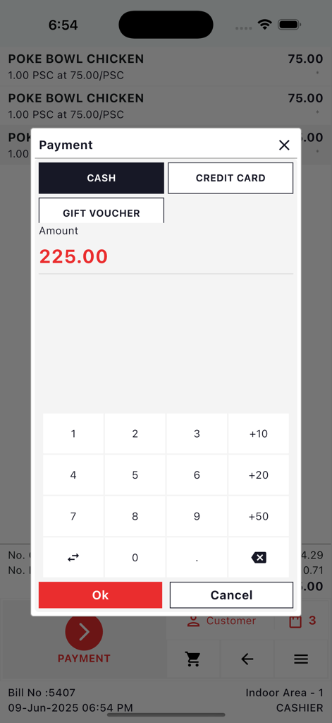Mobile payment interface for iPOS Restaurant POS showing options for cash, credit card, and gift vouchers with a numeric keypad