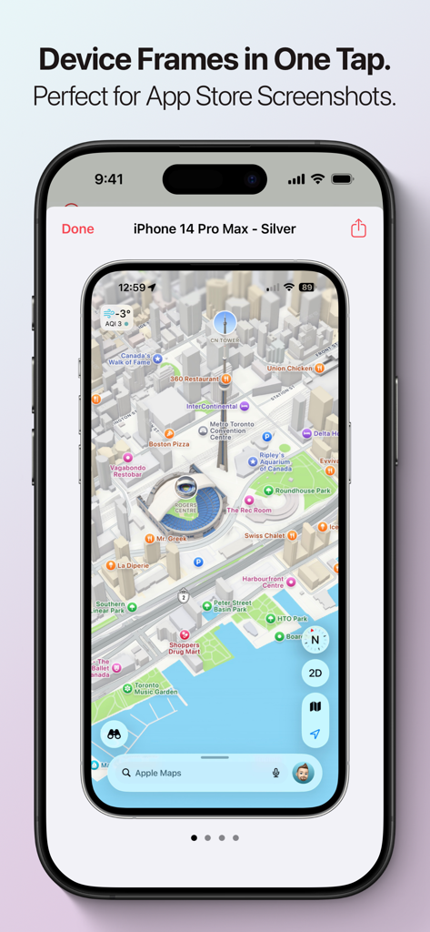 Screenshots Pro - Screenshots Pro app interface showing a device framing feature for creating professional App Store marketing assets