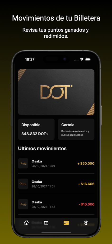 DOT Experience - Interface of the DOT Experience app showing the digital wallet with total points and a list of recent transactions at a restaurant.