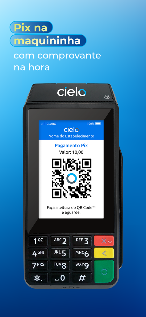 Pix 결제를 위한 QR 코드를 표시하는 Cielo 카드 단말기