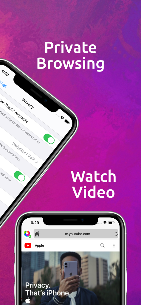 UPX Private Browser - Interfaz de UPX Navegador Privado que demuestra navegación privada y transmisión de video en dispositivos móviles