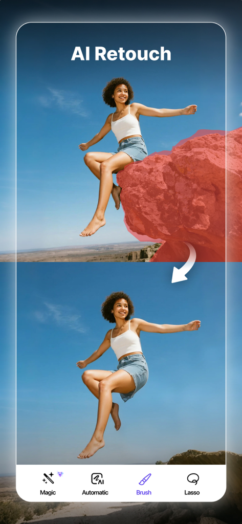 Object Removal AI - AI Retouch - AI Retouch 앱을 사용하여 사진에서 큰 바위를 제거한 전후 비교