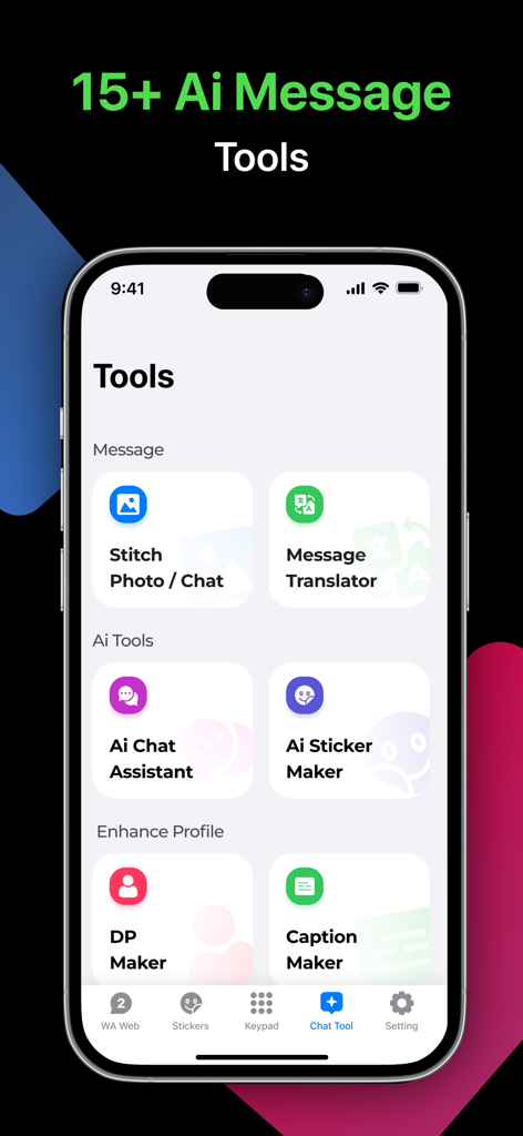 Écran d'application mobile montrant un menu d'outils de messagerie IA et d'améliorateurs de profil de réseaux sociaux