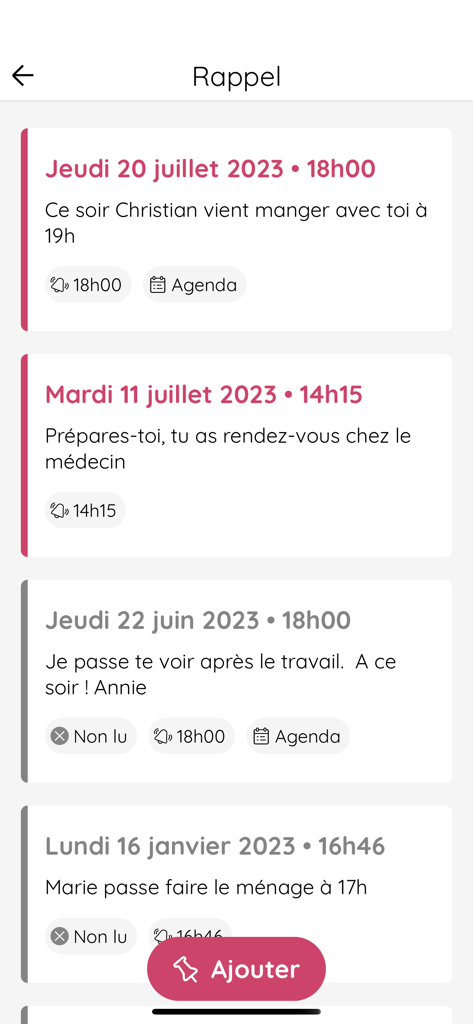 LiNote - LiNote app screen displaying a list of scheduled reminders and family visits for a senior