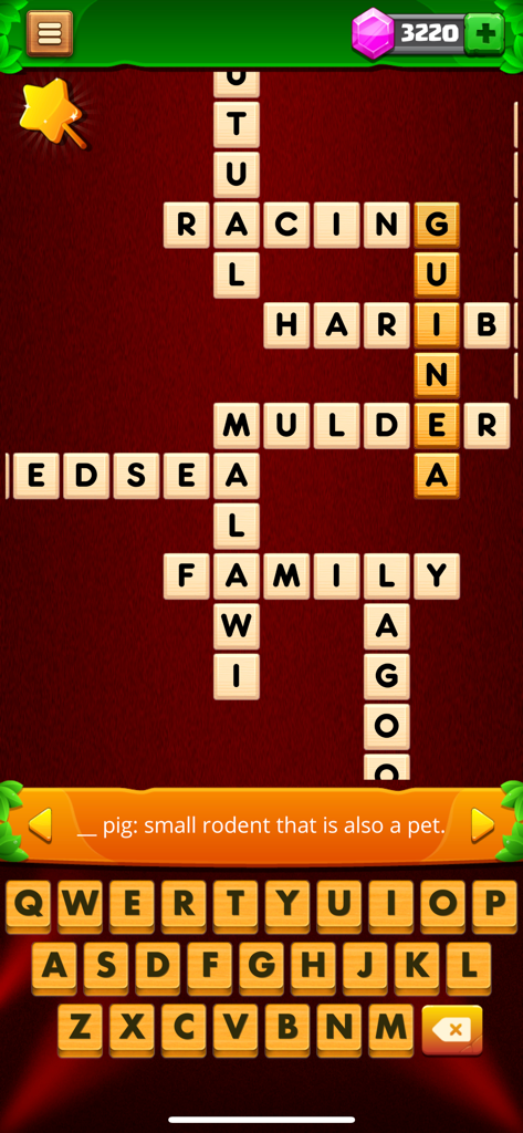 Crossword Master - Word Link - A mobile crossword puzzle interface showing a grid of words and a clue for guinea pig.