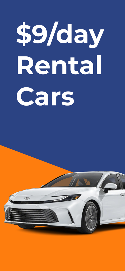 Carla - Cheap Car Rental Deals - A white sedan with text advertising rental cars for 9 dollars a day
